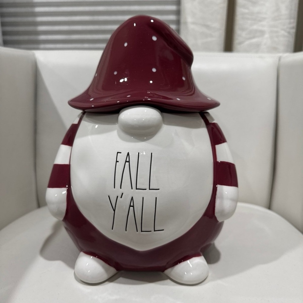 Rae Dunn FALL Y’ALL Large Gnome Canister Glazed Ceramic Burgundy and White